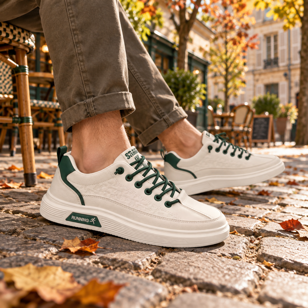 Sneakers uomo verde scuro con lacci scuri, tallone a contrasto e suola chiara