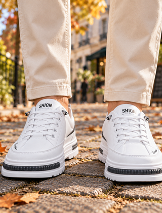 Sneakers uomo bianche viste di fronte con lacci e suola chunky bicolore