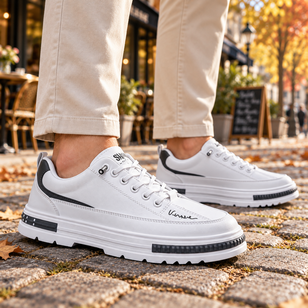 Sneakers uomo bianche in primo piano con occhielli metallici e cuciture a vista