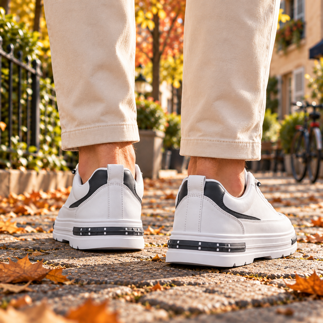 Sneakers uomo bianche viste da dietro con linguetta e dettaglio nero sul tallone