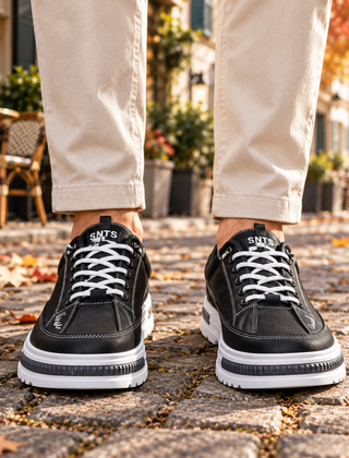 Sneakers uomo nere di fronte con lacci bianchi e suola chunky bianca