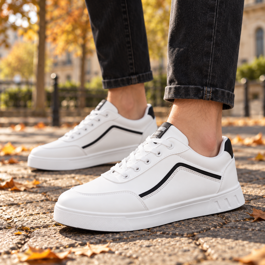 Sneakers uomo bianche con banda laterale nera e suola spessa, vista laterale