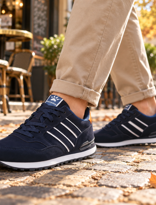 Sneakers uomo blu con bande bianche laterali e inserto arancione sul tallone
