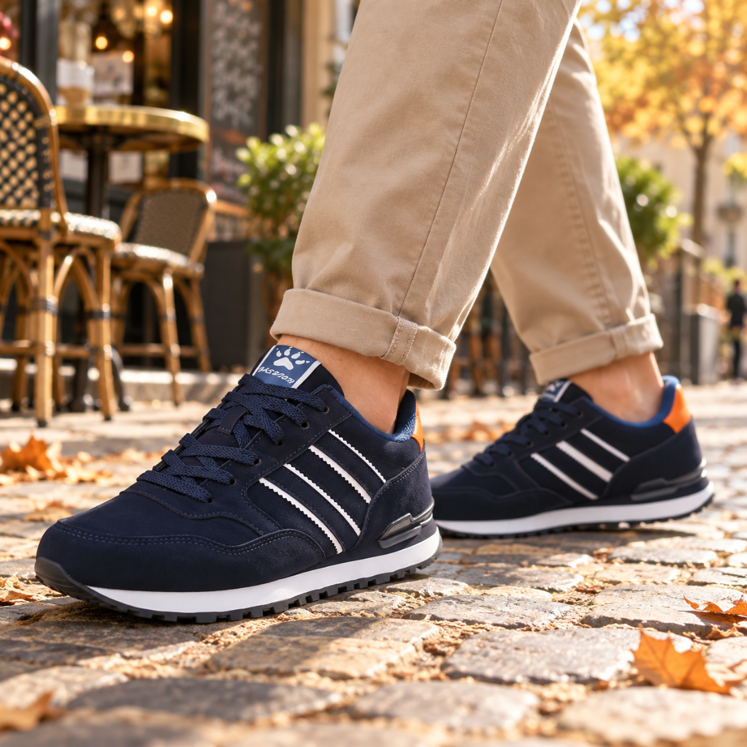 Sneakers uomo blu con bande bianche laterali e inserto arancione sul tallone