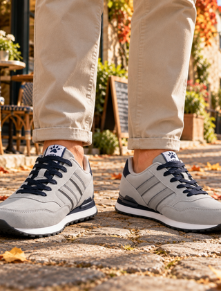 Sneakers uomo grigie con bande laterali a contrasto e lacci blu scuro