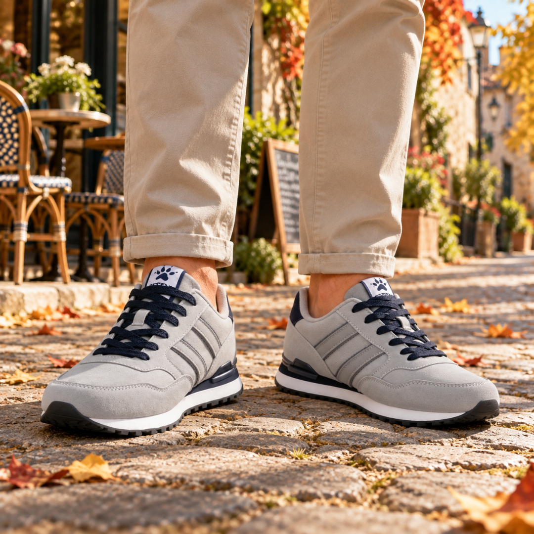 Sneakers uomo grigie con bande laterali a contrasto e lacci blu scuro