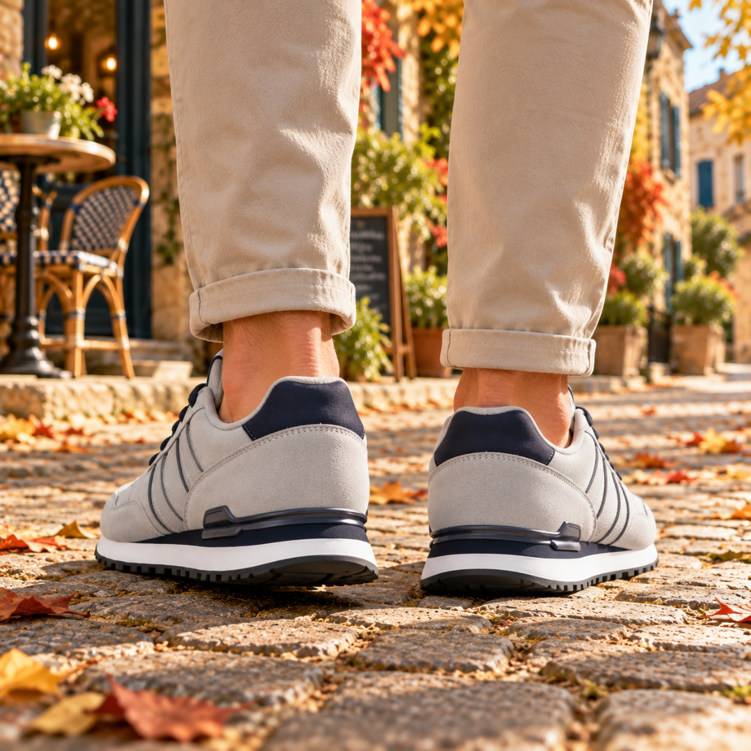 Sneakers uomo grigie viste da dietro con tallone blu e battistrada scuro