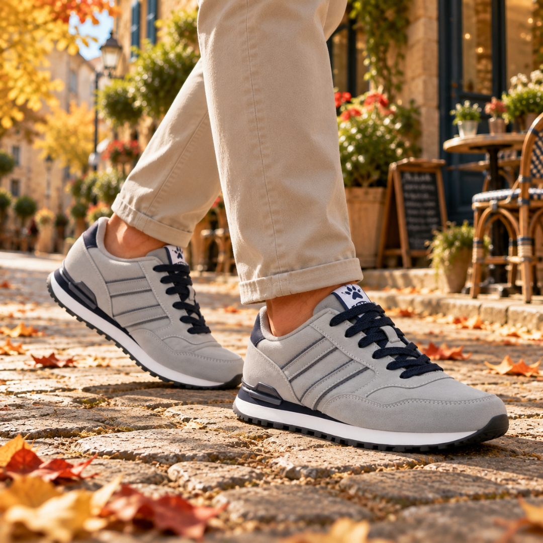 Sneakers grigie uomo in movimento con linguetta logata e suola bianca
