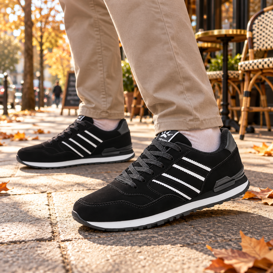 Sneakers uomo nere con tre bande bianche laterali e suola bianca