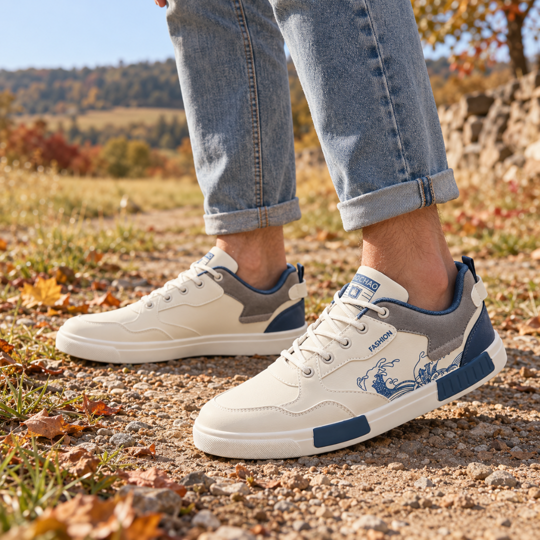 Sneakers uomo bianche con stampa a onde blu, indossate con pantaloni chiari arrotolati