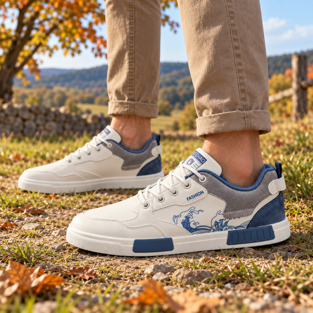Sneakers bianche da uomo con inserti grigi e blu su prato autunnale
