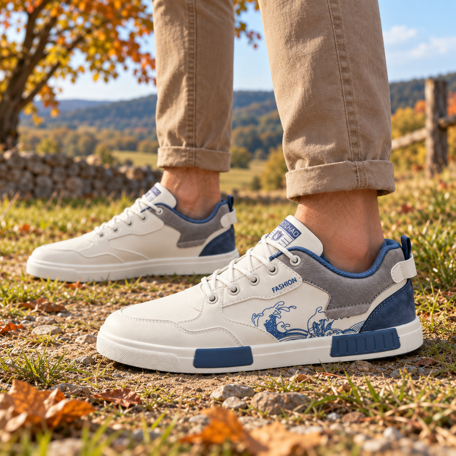 Sneakers bianche da uomo con inserti grigi e blu su prato autunnale