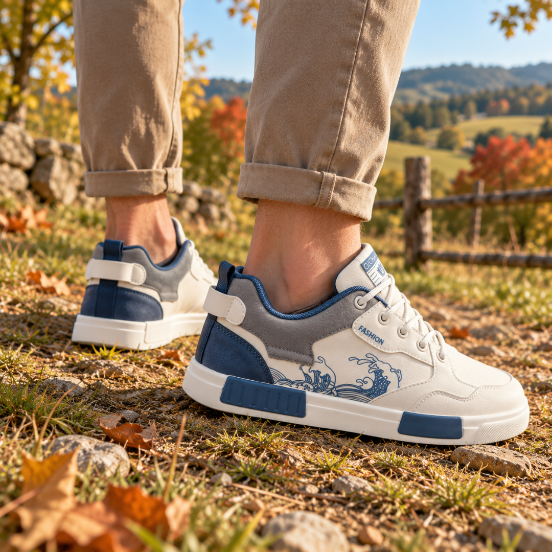 Sneakers bianche uomo con linguetta posteriore e tasselli blu sul bordo della suola