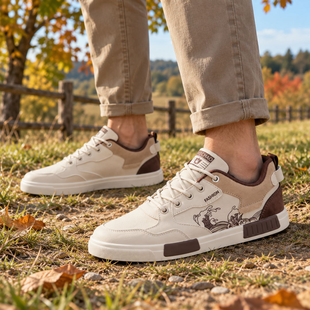 Sneakers uomo marroni con inserti beige e stampa a onde sul lato