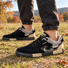 Sneakers uomo nere con inserti grigi e beige e stampa a onde