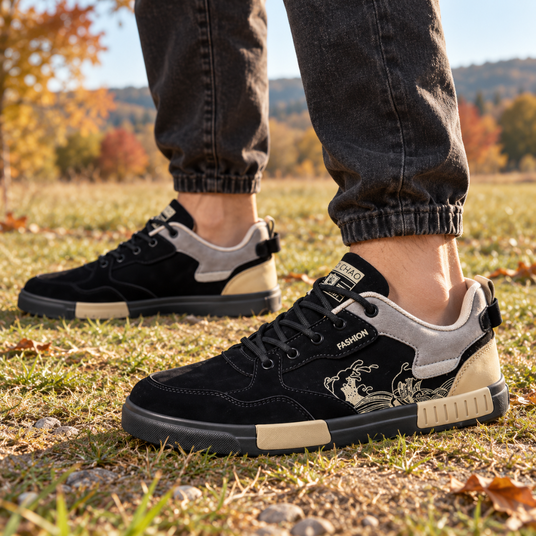 Sneakers uomo nere con inserti grigi e beige e stampa a onde