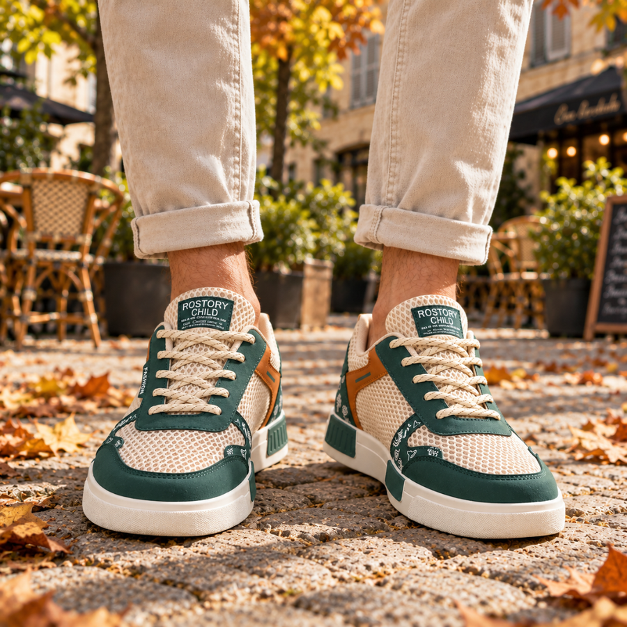 Sneakers uomo verdi e beige con lacci spessi ed etichetta sulla linguetta