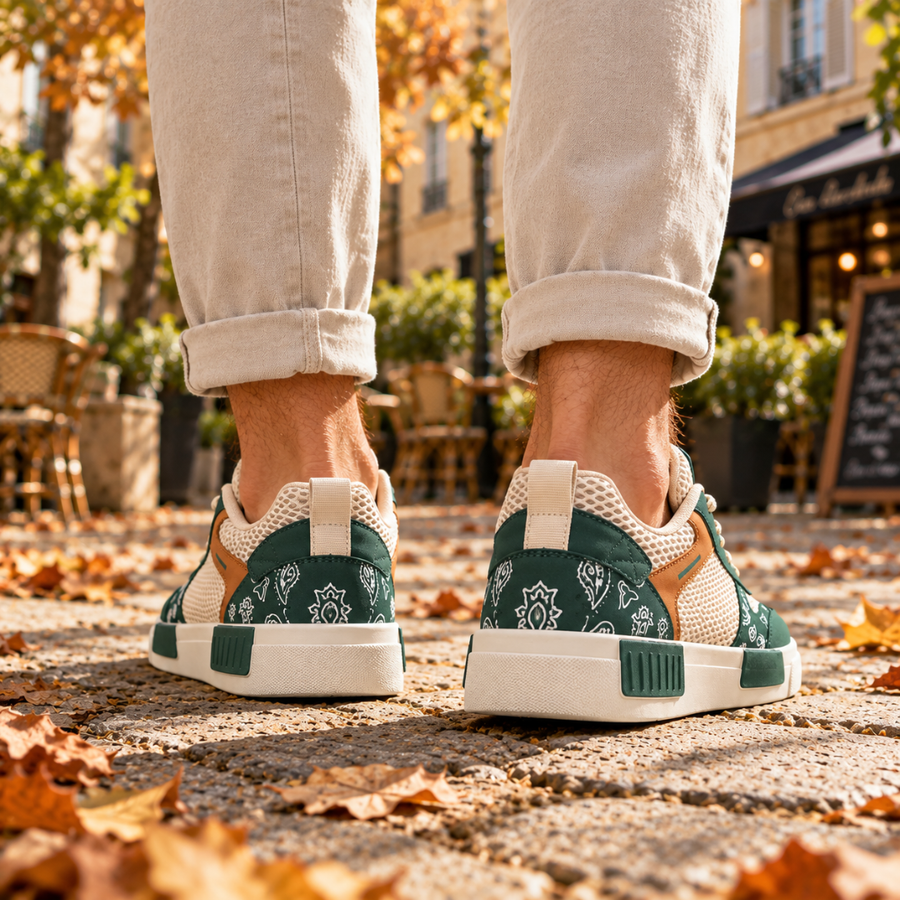Retro delle sneakers uomo verdi con stampa bandana e blocchi sulla suola bianca