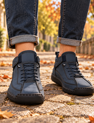 Sneakers uomo blu navy viste di fronte con lacci e strappo laterale