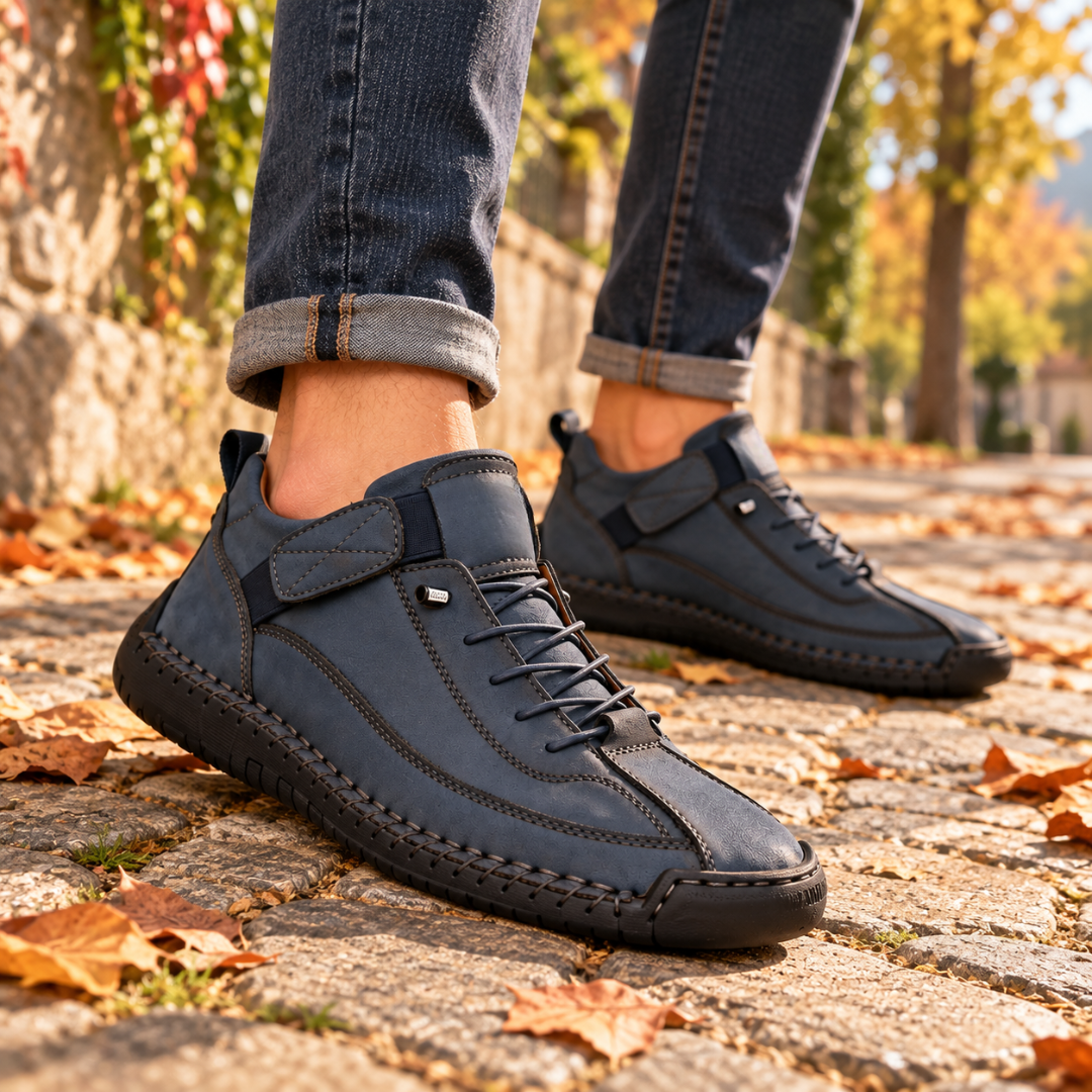 Sneakers uomo blu navy in primo piano con allacciatura e strappo sul collo