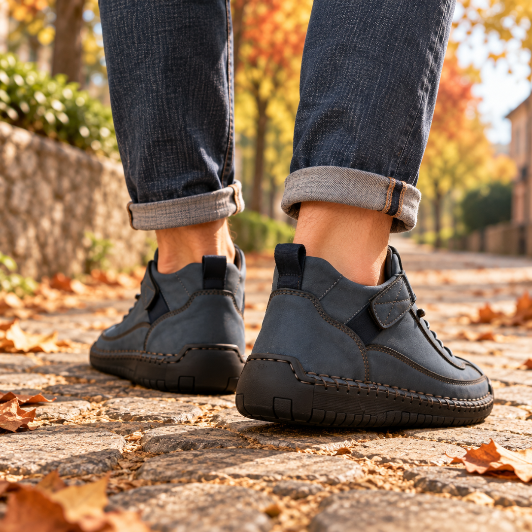 Sneakers uomo blu navy viste da dietro con linguetta posteriore e suola cucita