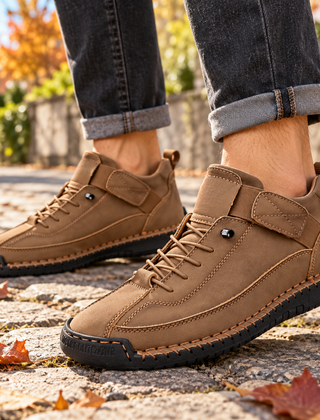 Sneakers uomo marroni con strappo laterale e cuciture a contrasto sulla tomaia