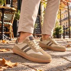 Dettaglio sneakers beige uomo con punta effetto camoscio e suola miele