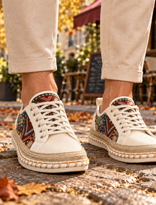 Sneakers uomo beige con inserti etnici multicolore e lacci chiari, vista frontale