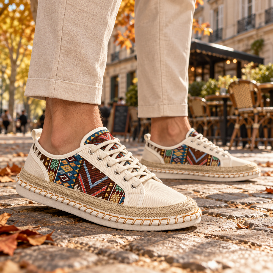 Sneakers beige da uomo con bordo intrecciato lungo la suola bianca, vista laterale