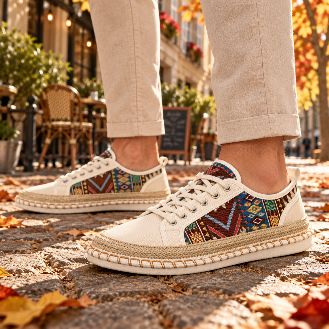 Dettaglio delle sneakers beige uomo con motivo etnico geometrico sul fianco
