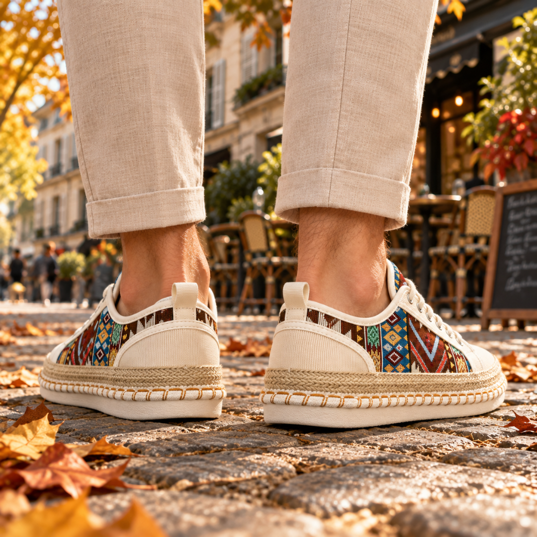 Sneakers uomo beige viste da dietro con linguetta posteriore e inserti colorati