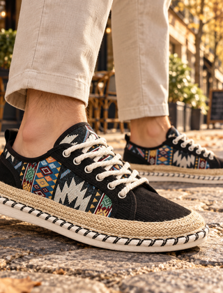 Sneakers uomo nere con inserti etnici multicolore e lacci bianchi, vista laterale