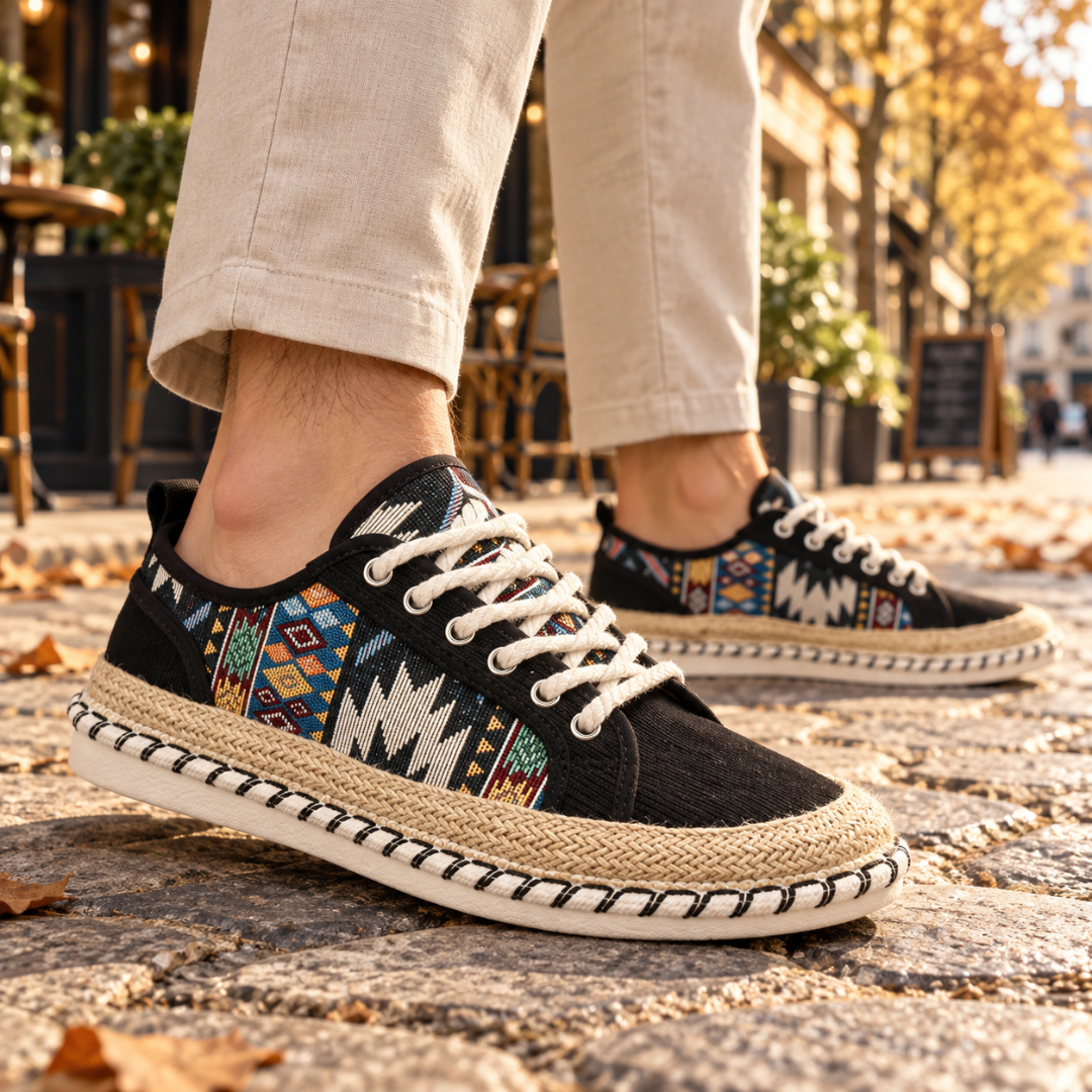 Sneakers uomo nere con inserti etnici multicolore e lacci bianchi, vista laterale
