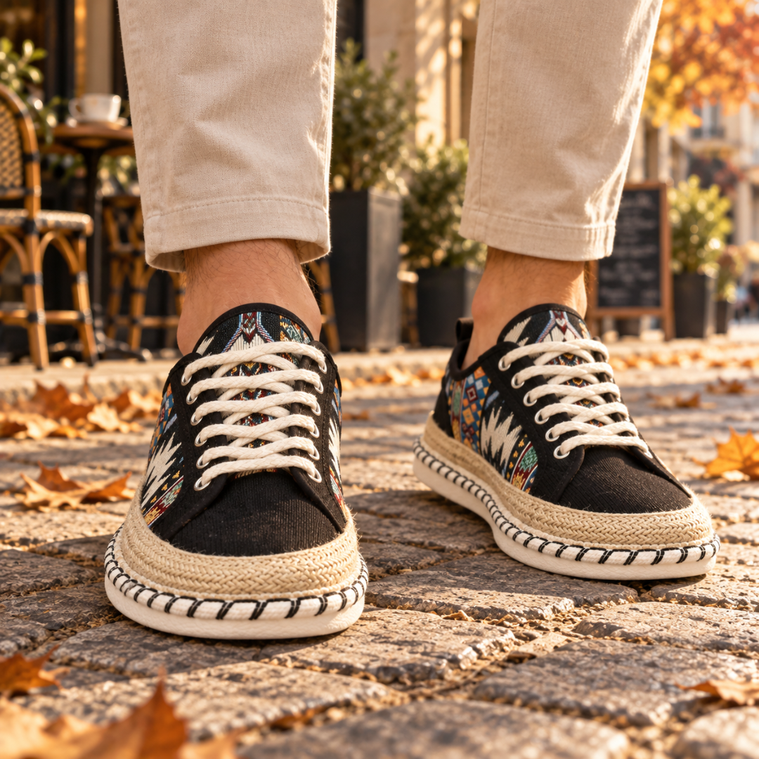 Sneakers nere da uomo con allacciatura bianca e bordo intrecciato sulla suola