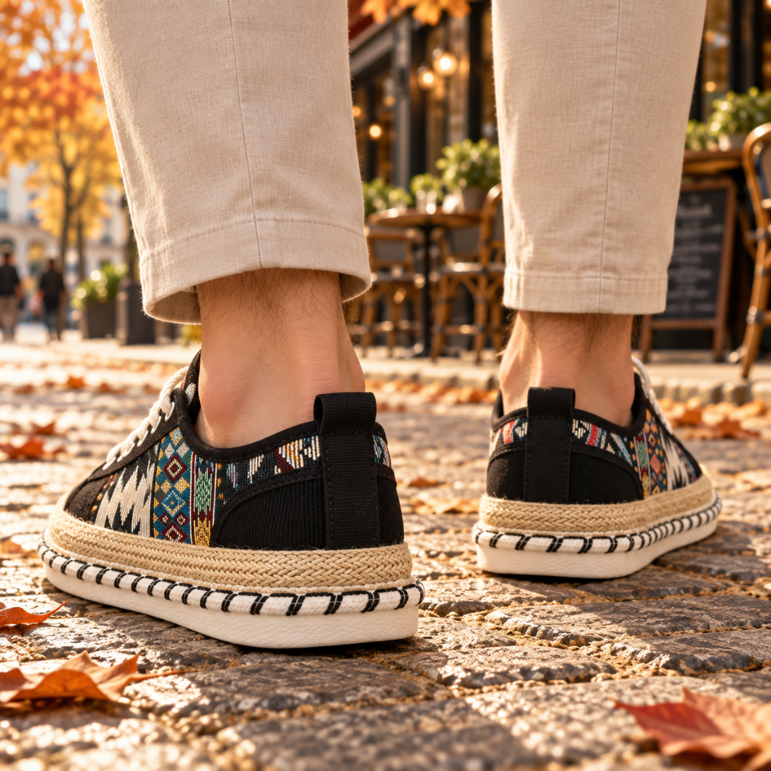 Retro delle sneakers uomo nere con linguetta posteriore e motivo etnico colorato