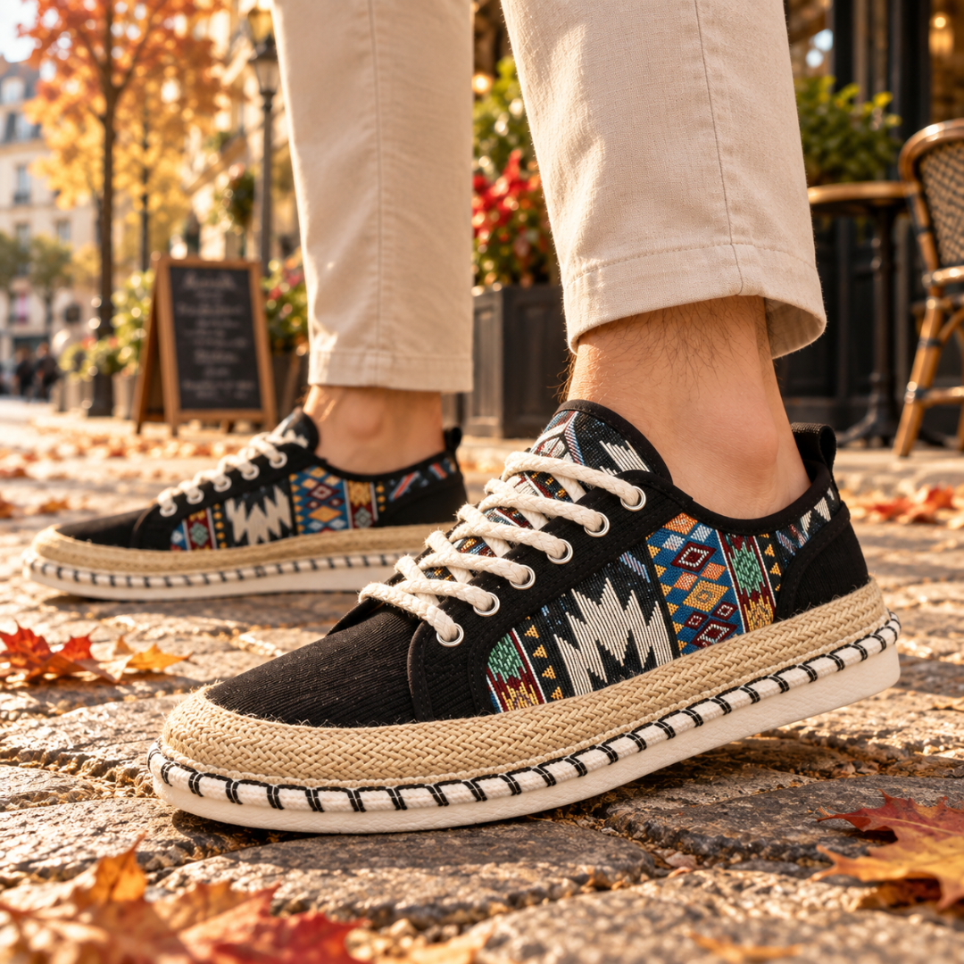 Sneakers uomo nere con punta arrotondata e inserti geometrici multicolore in evidenza