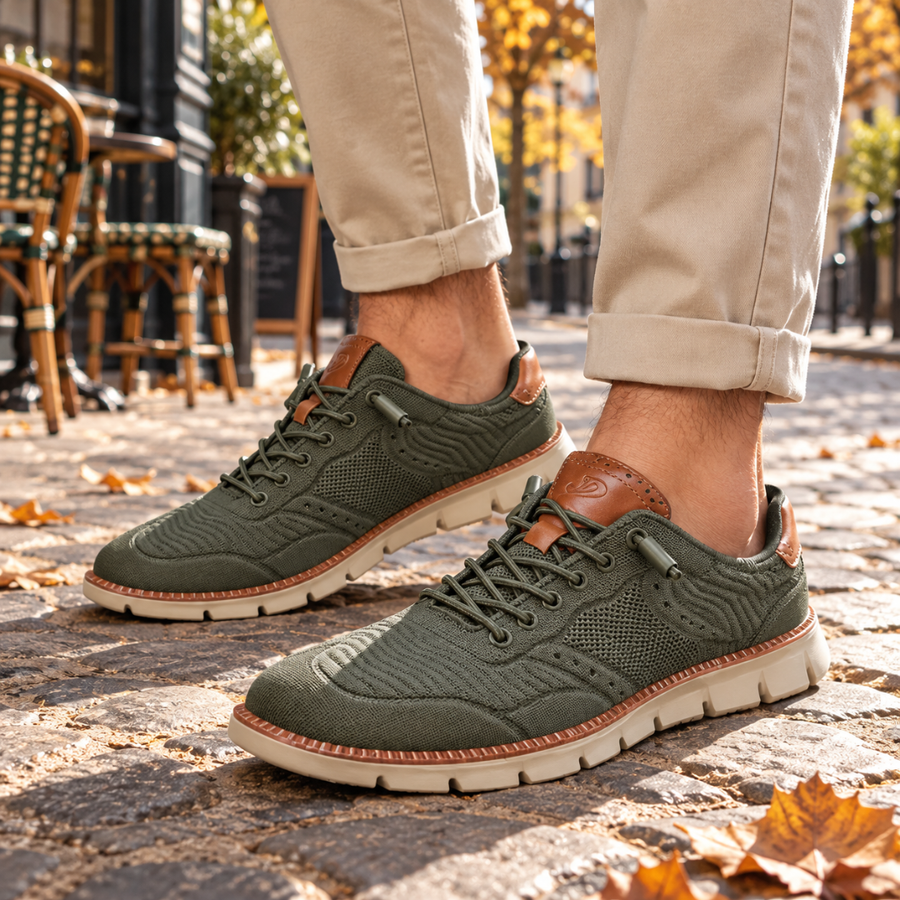 Sneakers uomo verdi in maglia lavorata con lacci e inserti a contrasto sul tallone