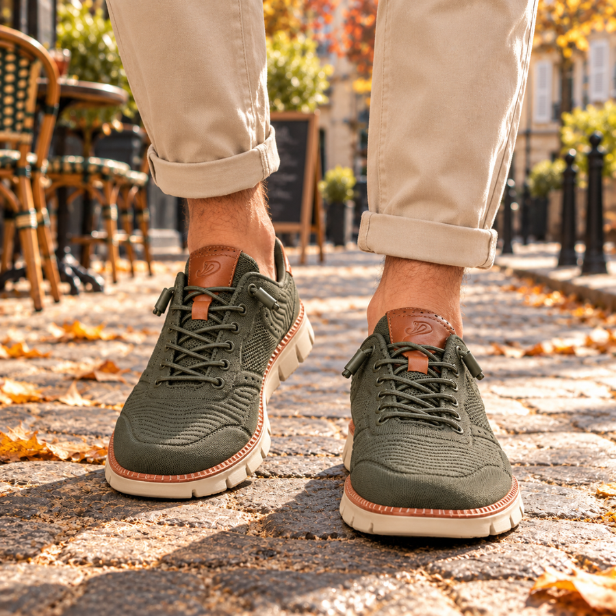Sneakers uomo verdi viste frontalmente con maglia a rilievo e suola scanalata chiara