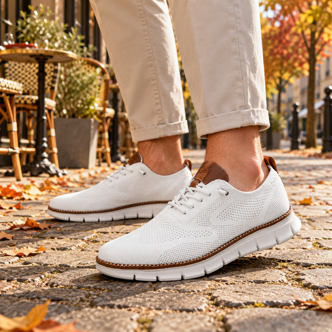 Sneakers uomo bianche in maglia traforata con inserto marrone e lacci in tinta