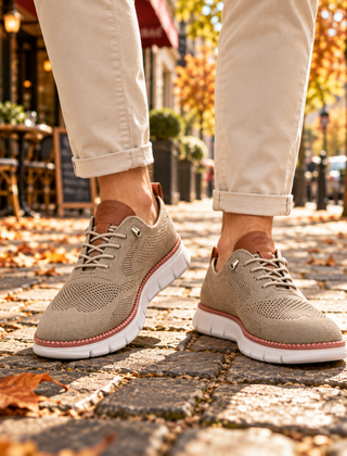 Sneakers uomo kaki in maglia traforata con lacci chiari e suola bianca