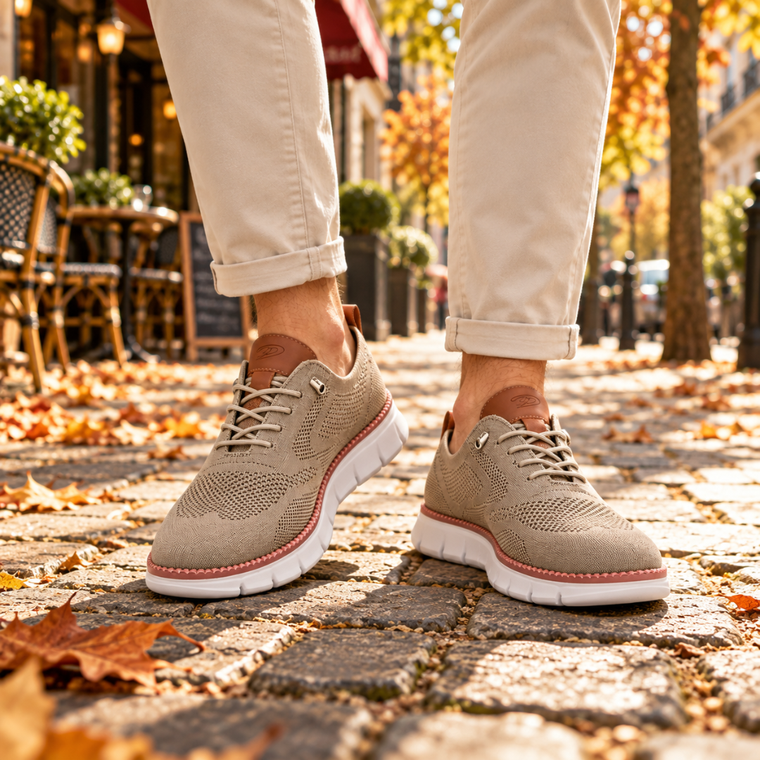 Sneakers uomo kaki in maglia traforata con lacci chiari e suola bianca