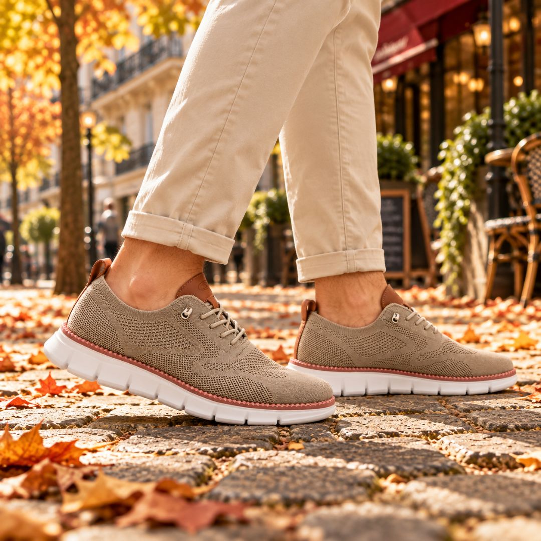 Sneakers uomo kaki di profilo con profilo a contrasto e suola bianca scanalata