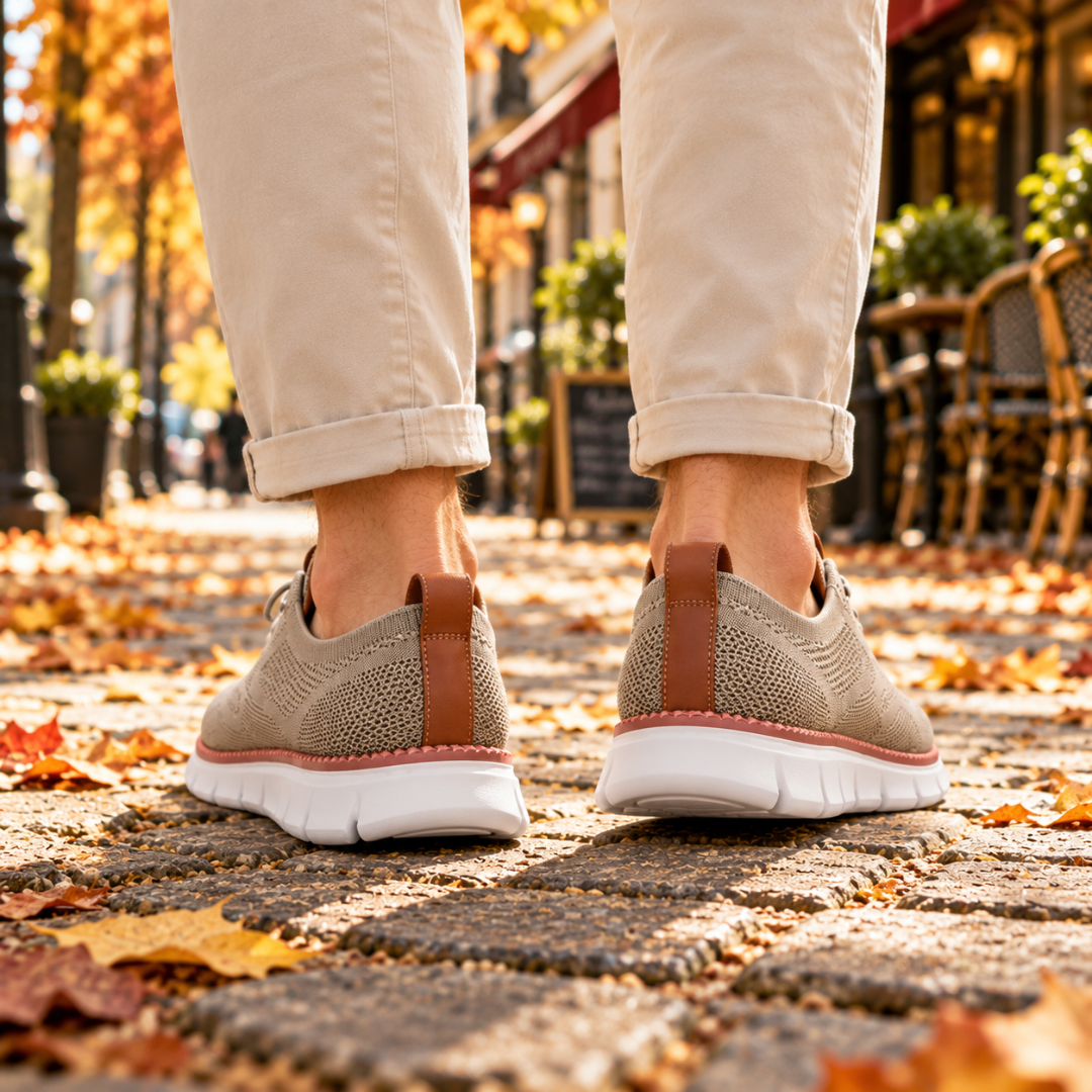 Retro delle sneakers kaki con passante marrone a contrasto e suola bianca
