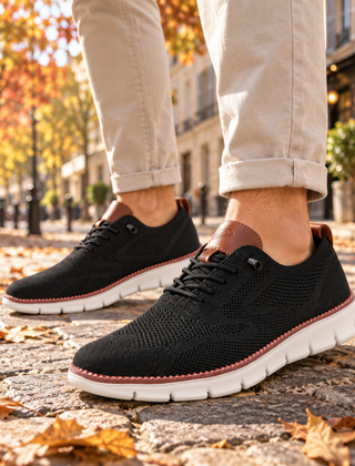 Sneakers uomo nere in maglia traforata con tallone marrone e suola bianca