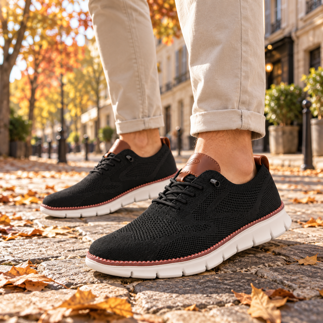 Sneakers uomo nere in maglia traforata con tallone marrone e suola bianca