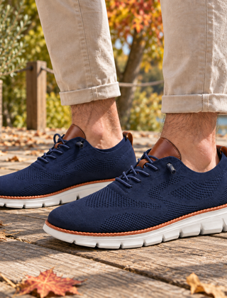 Sneakers uomo blu navy in maglia con talloniera marrone e lacci in tinta