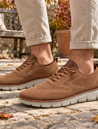 Sneakers uomo marroni stringate in maglia lavorata con suola chiara scanalata