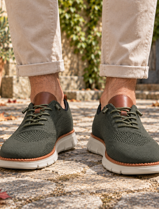 Sneakers uomo verdi in maglia traforata con lacci in tinta e suola bianca