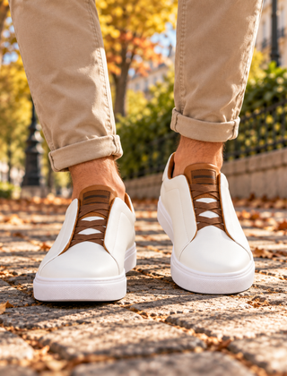 Sneakers uomo bianche con lacci elastici marroni incrociati, viste frontalmente su pavimentazione autunnale