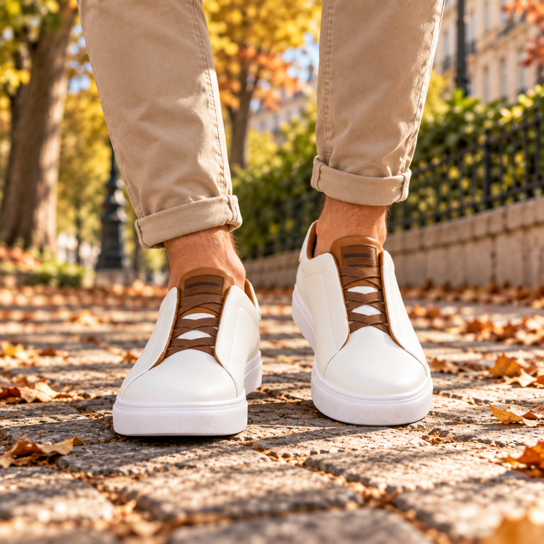 Sneakers uomo bianche con lacci elastici marroni incrociati, viste frontalmente su pavimentazione autunnale